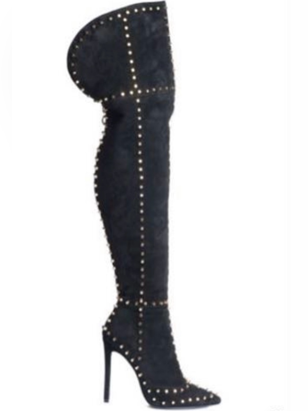 Jennifer Le Studded Black Suede Thigh High Boots
